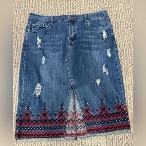 BACCINI denim midi embroidered skirt
